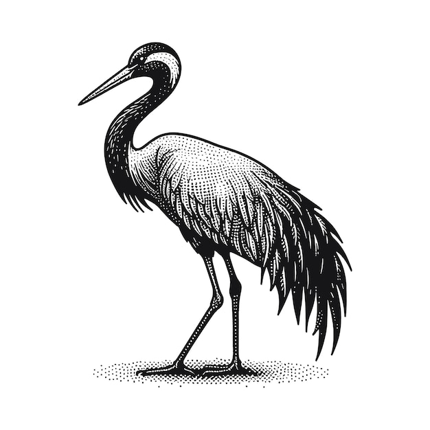 un dibujo de una grúa con un dibujo en blanco y negro de un pájaro