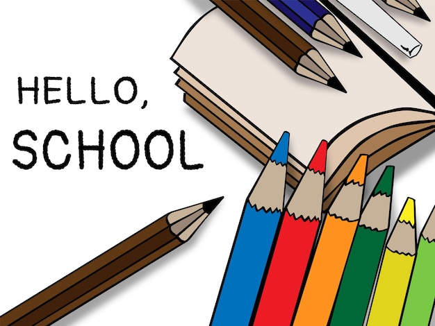 Vector un dibujo de un grupo de lápices con la palabra hola scholl para el fondo de regreso a la escuela
