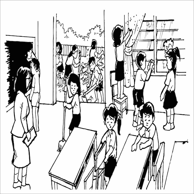 un dibujo de un grupo de niños en un aula con una imagen de una chica con un lápiz