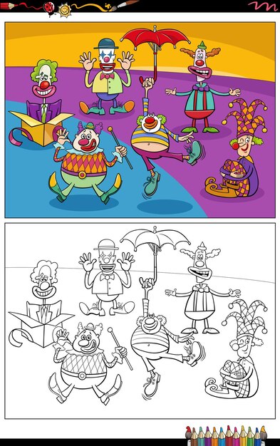 Dibujo de Grupo de payasos y comediantes de dibujos animados para colorear, pintar e imprimir