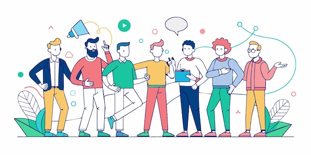 un dibujo de un grupo de personas con camisas y sombreros de diferentes colores