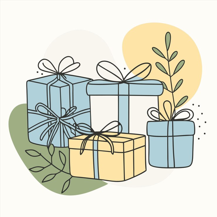 Vector un dibujo de un grupo de regalos con un árbol en el fondo