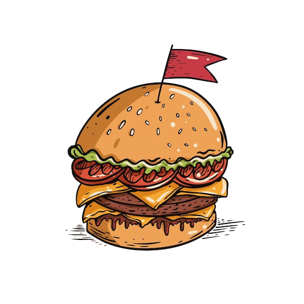 un dibujo de una hamburguesa con una bandera roja en él