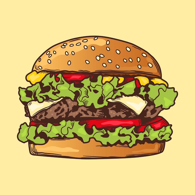 Vector dibujo de hamburguesa con colores dibujo a mano alzada hamburguesa con queso