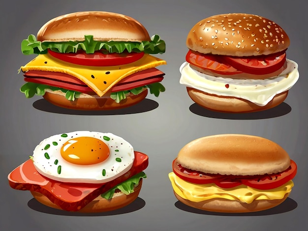 Vector un dibujo de una hamburguesa con un huevo frito en él