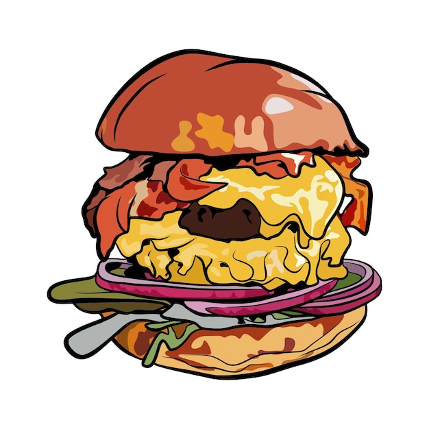 Vector un dibujo de una hamburguesa con una imagen de una hamburguesa y un tenedor.