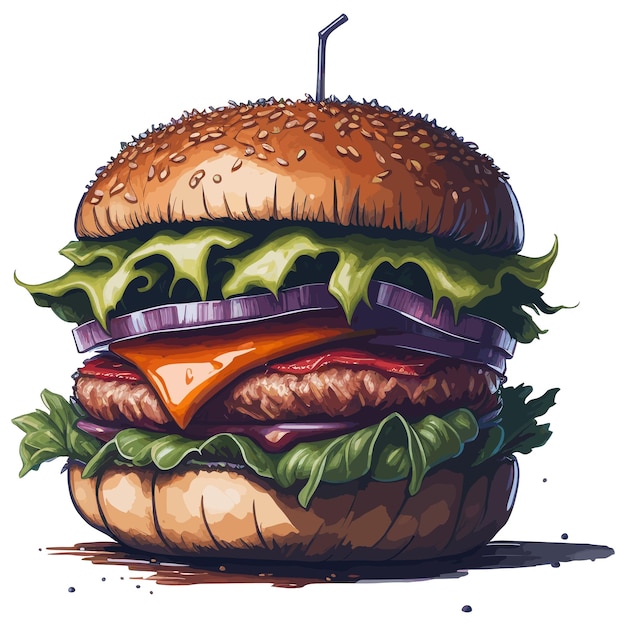 Vector dibujo de una hamburguesa con lechuga y tomate.