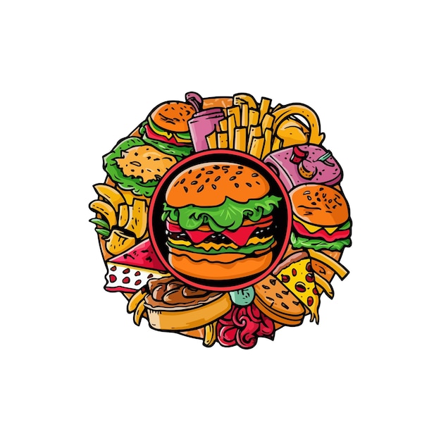 un dibujo de una hamburguesa y patatas fritas con una imagen de una Hamburguesa y Patatas fritas