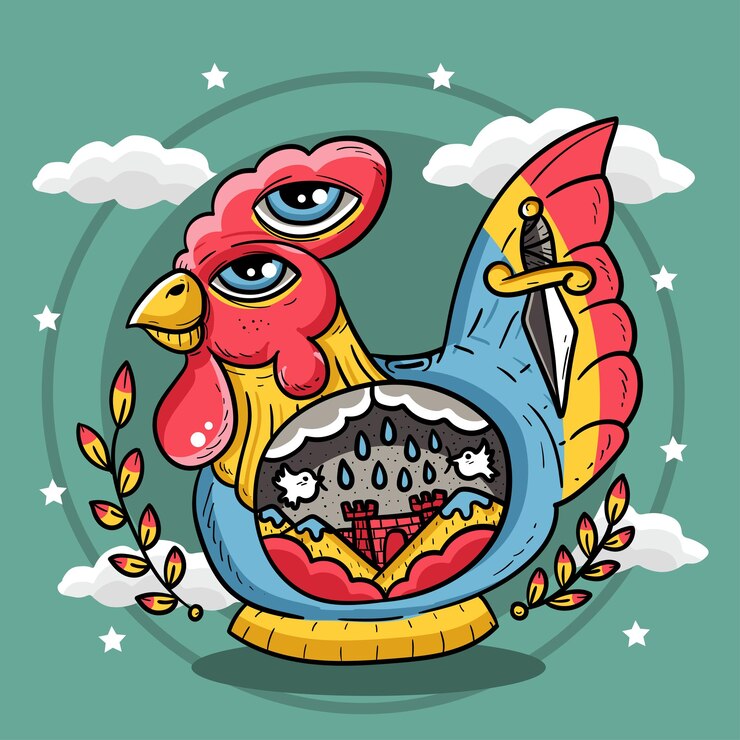 Vector dibujo hecho a mano pollo gallo alcancía ilustración
