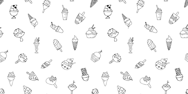 dibujo de helado líneas negras dulce verano refrigeración boceto patrón sin costuras patrón sin costura