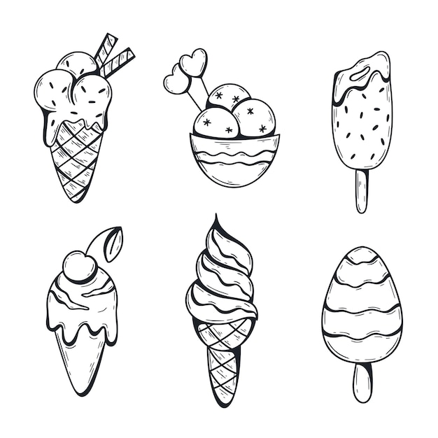 Dibujo de helado set colección dibujado a mano grabado helado en un tazón de cono en palo paleta congelada