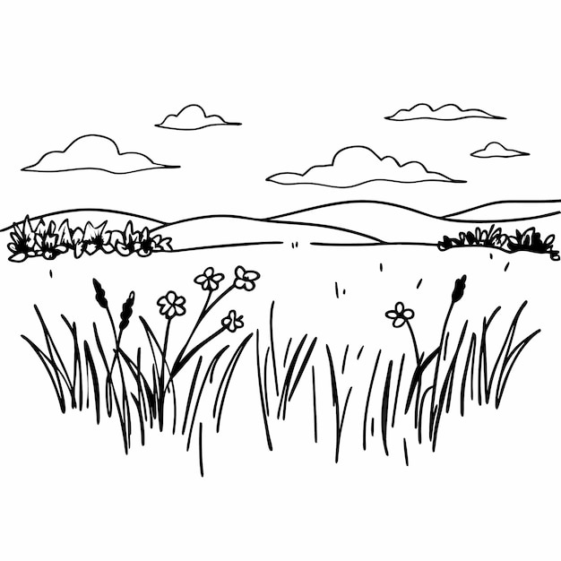 un dibujo de una hierba con un campo y un cielo en el fondo