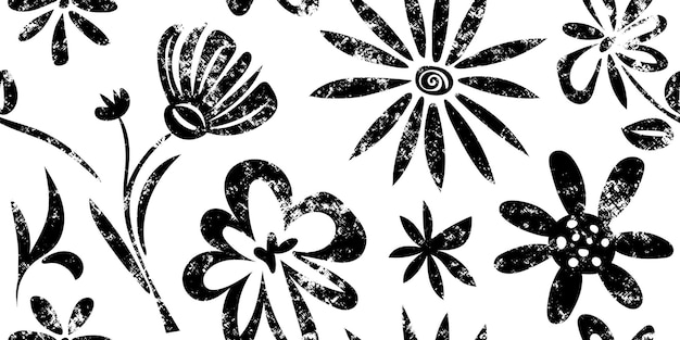 Dibujo de hojas y flores patrón sin costuras textura grunge fondo floral