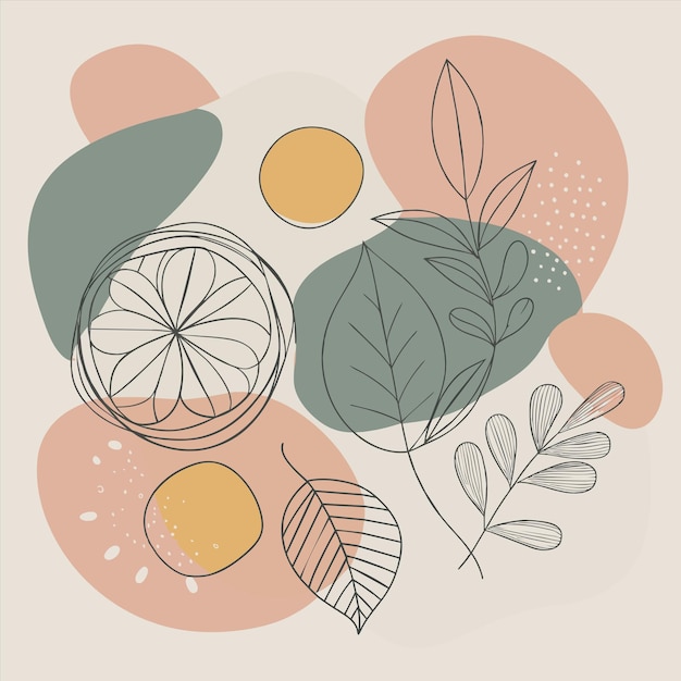 un dibujo de hojas y frutas con hojas y naranjas