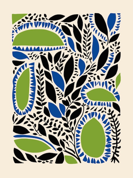 un dibujo de hojas y ramas con hojas azules y verdes