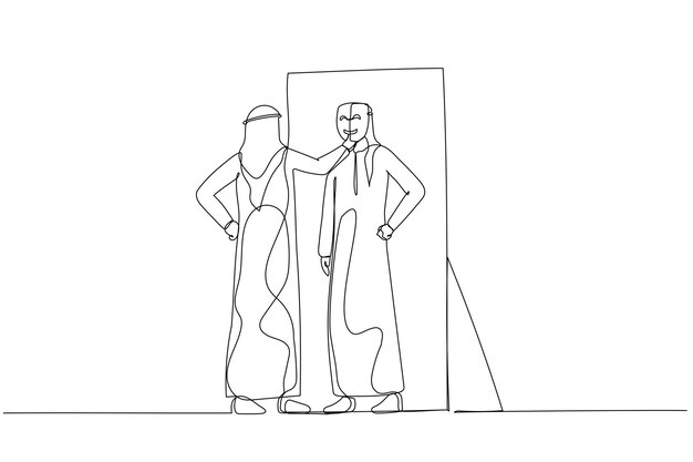 Dibujo de un hombre árabe poniendo una máscara en el concepto de autorreflexión del síndrome del impostor Arte de una sola línea continua