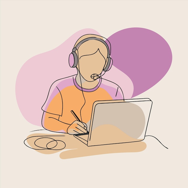 un dibujo de un hombre con un auricular y una computadora portátil con un fondo púrpura y púrpura