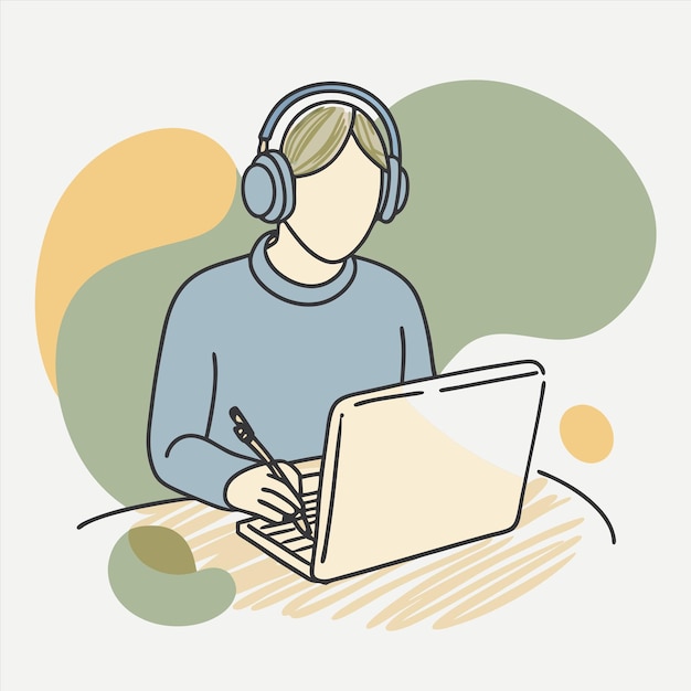 un dibujo de un hombre con auriculares y una computadora portátil