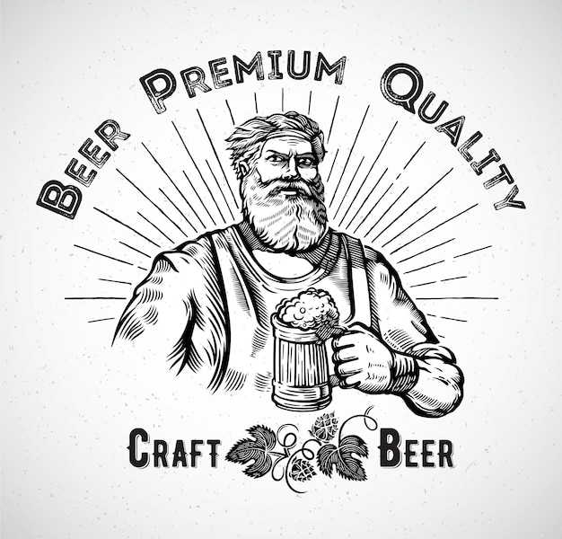 un dibujo de un hombre barbudo con una etiqueta de cerveza que dice cerveza de calidad