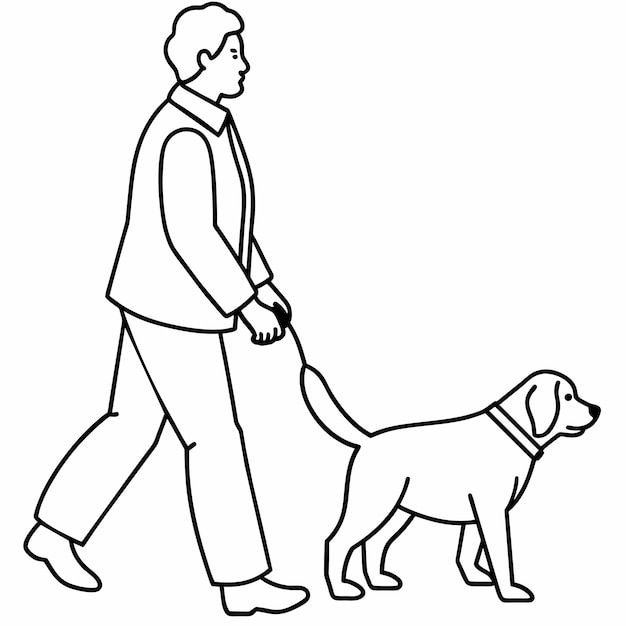 un dibujo de un hombre caminando con un perro en una correa