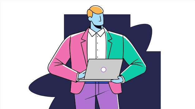 un dibujo de un hombre con una chaqueta rosa y verde y una computadora portátil rosa
