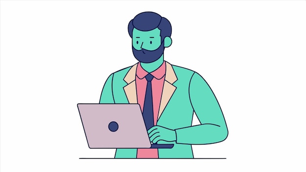 un dibujo de un hombre con una chaqueta rosa y verde y una computadora portátil rosa