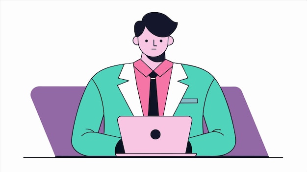 un dibujo de un hombre con una chaqueta rosa y verde y una computadora portátil rosa