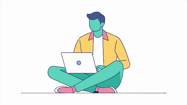 un dibujo de un hombre con una chaqueta rosa y verde y una computadora portátil rosa