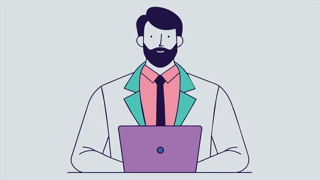 un dibujo de un hombre con una chaqueta rosa y verde y una computadora portátil rosa