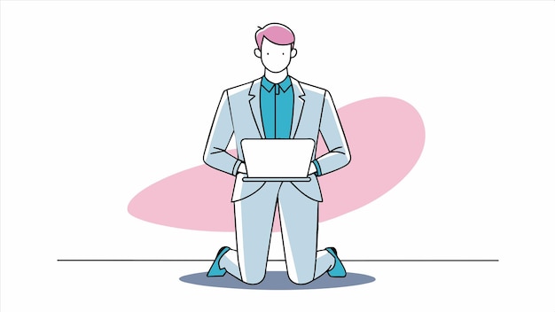 un dibujo de un hombre con una chaqueta rosa y verde y una computadora portátil rosa