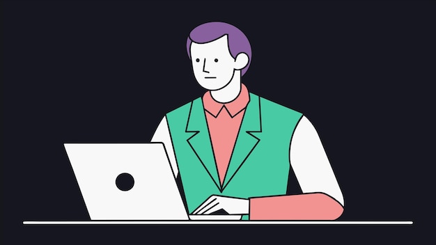 un dibujo de un hombre con una chaqueta rosa y verde y una computadora portátil rosa