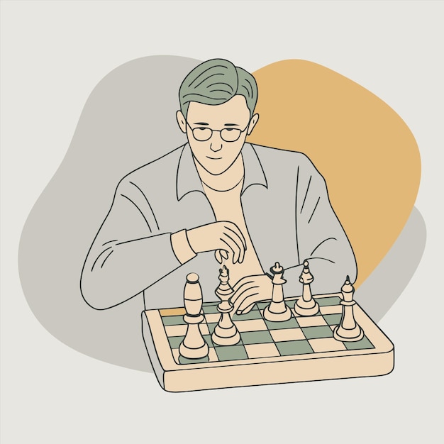 un dibujo de un hombre jugando al ajedrez con una chaqueta de ajedrez blanca