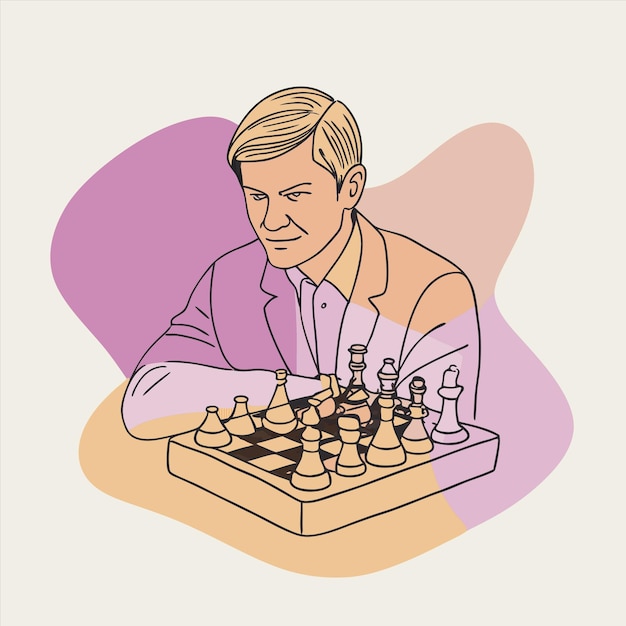 un dibujo de un hombre jugando al ajedrez con una imagen de él