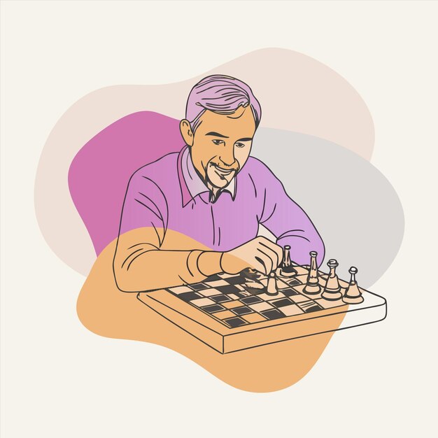 un dibujo de un hombre jugando al ajedrez con un tablero de ajedrez blanco