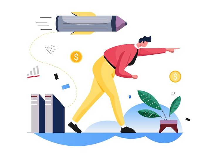 Vector un dibujo de un hombre con un lápiz y una planta al fondo.