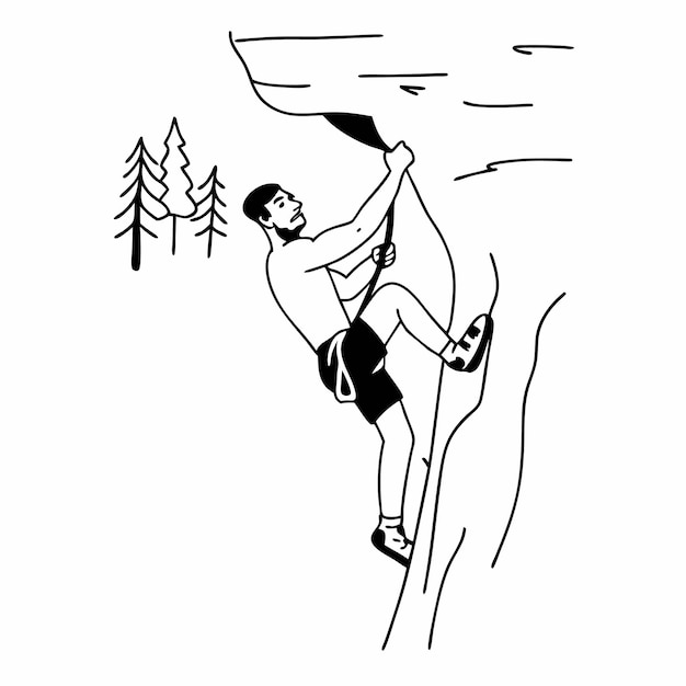 un dibujo de un hombre en una montaña con una cuerda en la mano