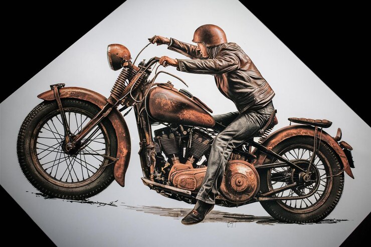 un dibujo de un hombre en una motocicleta con una imagen de un hombre a la espalda