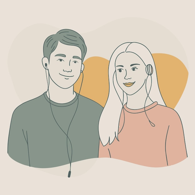 un dibujo de un hombre y una mujer con un auricular