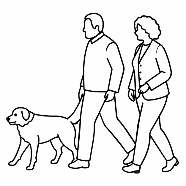 un dibujo de un hombre y una mujer caminando con un perro