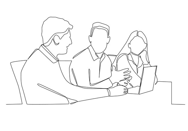 un dibujo de un hombre y una mujer sentados en una computadora portátil