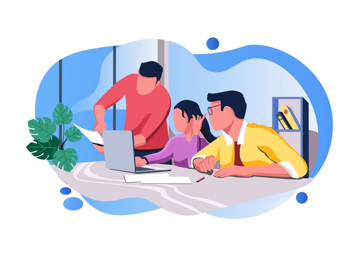 Vector un dibujo de un hombre y una mujer trabajando en una computadora portátil