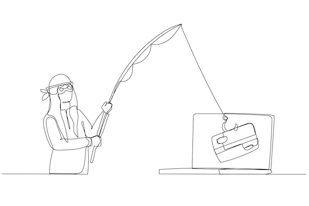 Dibujo de un hombre de negocios árabe como pirata informático ladrón intenta obtener el concepto de tarjeta de crédito de phishing Estilo de arte de una sola línea