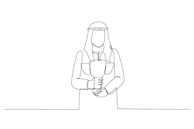 Dibujo de un hombre de negocios árabe de pie con un trofeo en la mano flexionándose para el éxito Estilo de arte de una línea