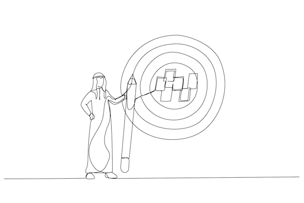 Dibujo de un hombre de negocios árabe que escribe un objetivo en notas y lo pone en un gran objetivo de diana Metáfora para el establecimiento de objetivos objetivo alcanzable u objetivo útil Estilo de arte de línea continua única