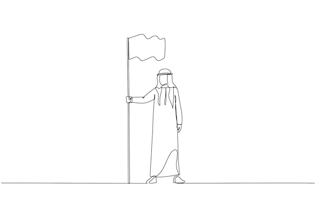 Dibujo de un hombre de negocios árabe sosteniendo una bandera que demuestra el logro de objetivos mostrando liderazgo Arte de línea continua única