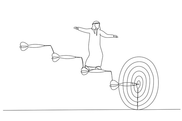 El dibujo de un hombre de negocios árabe sube las escaleras de flechas hacia el objetivo Concepto de ruta de negocios hacia el objetivo Estilo de arte de línea continua