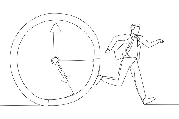 Dibujo de hombre de negocios huyendo de los relojes Estilo de arte de una sola línea
