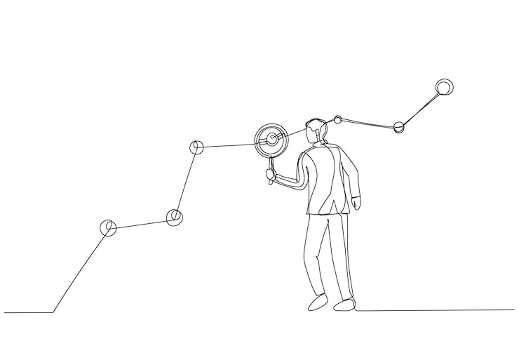 Vector dibujo de un hombre de negocios que sostiene una lupa para analizar el gráfico y el gráfico de datos del cliente. metáfora para el análisis de negocios de investigación de audiencia objetivo de marketing para aumentar la venta.