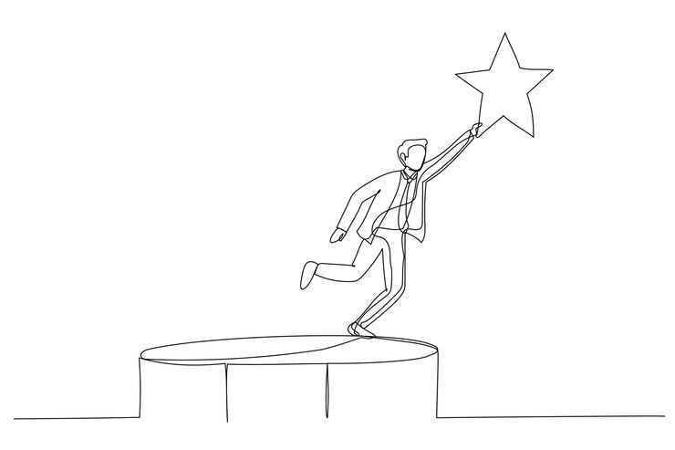 Vector dibujo de un hombre de negocios rebotando en un trampolín saltando alto para agarrar la estrella metáfora para el logro