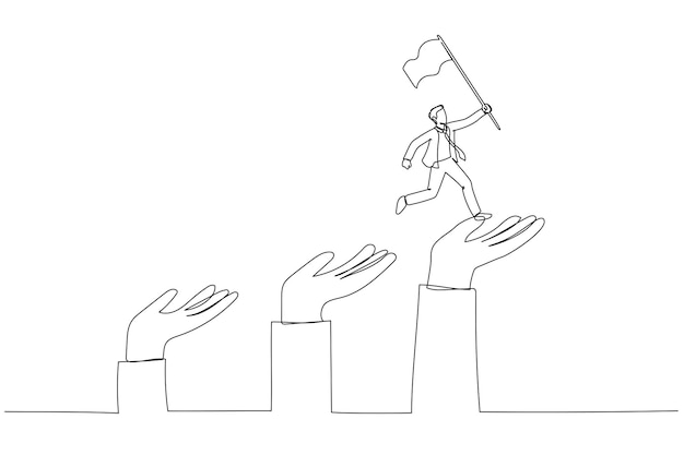 Dibujo de hombre de negocios saltando por la escalera de crecimiento de mano gigante concepto de progreso Estilo de arte de línea continua